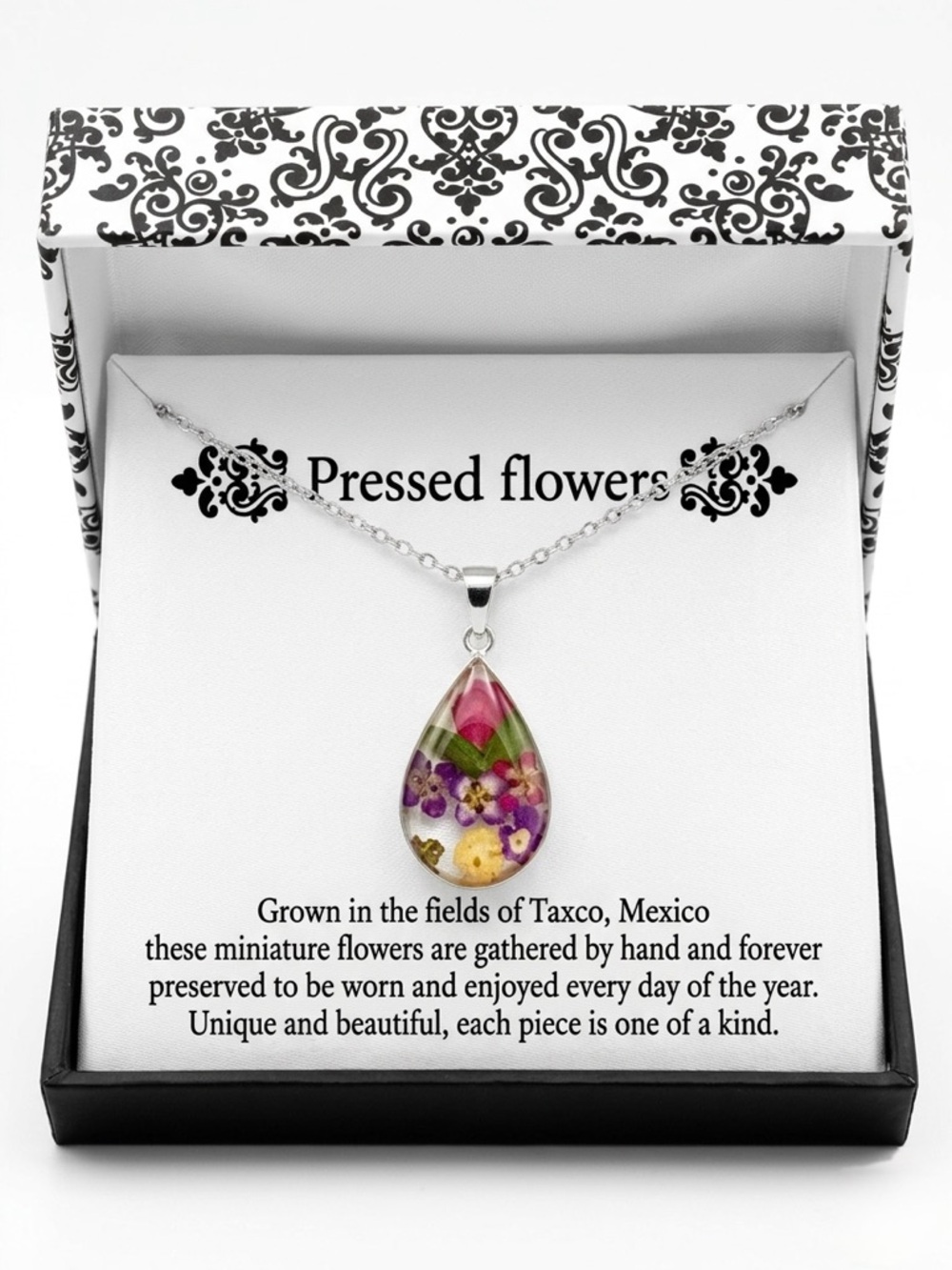 Taxco Mexico Real Pressed Flower Teardrop Necklace Silver Plate NIB Mother's Day - Picture 4 of 5
